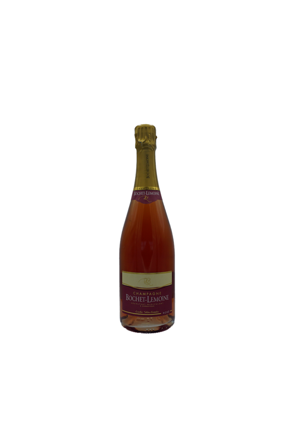 Photo Brut Rosé, appellation Champagne. 22.80€, nez frais, cerise et amande. Bouche tonique et acidulée, 8°C.